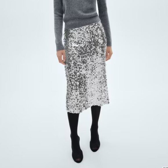 Mango Silver Sequin Midi Skirt Size XS - Picture 1 of 3